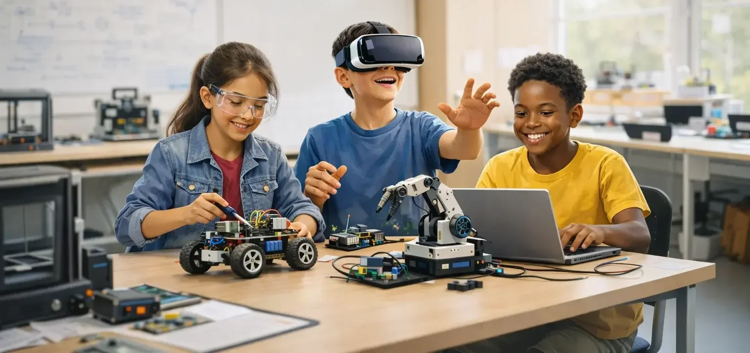 Three students building and testing a robot car and a robotic arm at a lab table